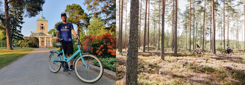 Radtour durch die Parks der Stadt Kotka (links) und durch die Natur (rechts)